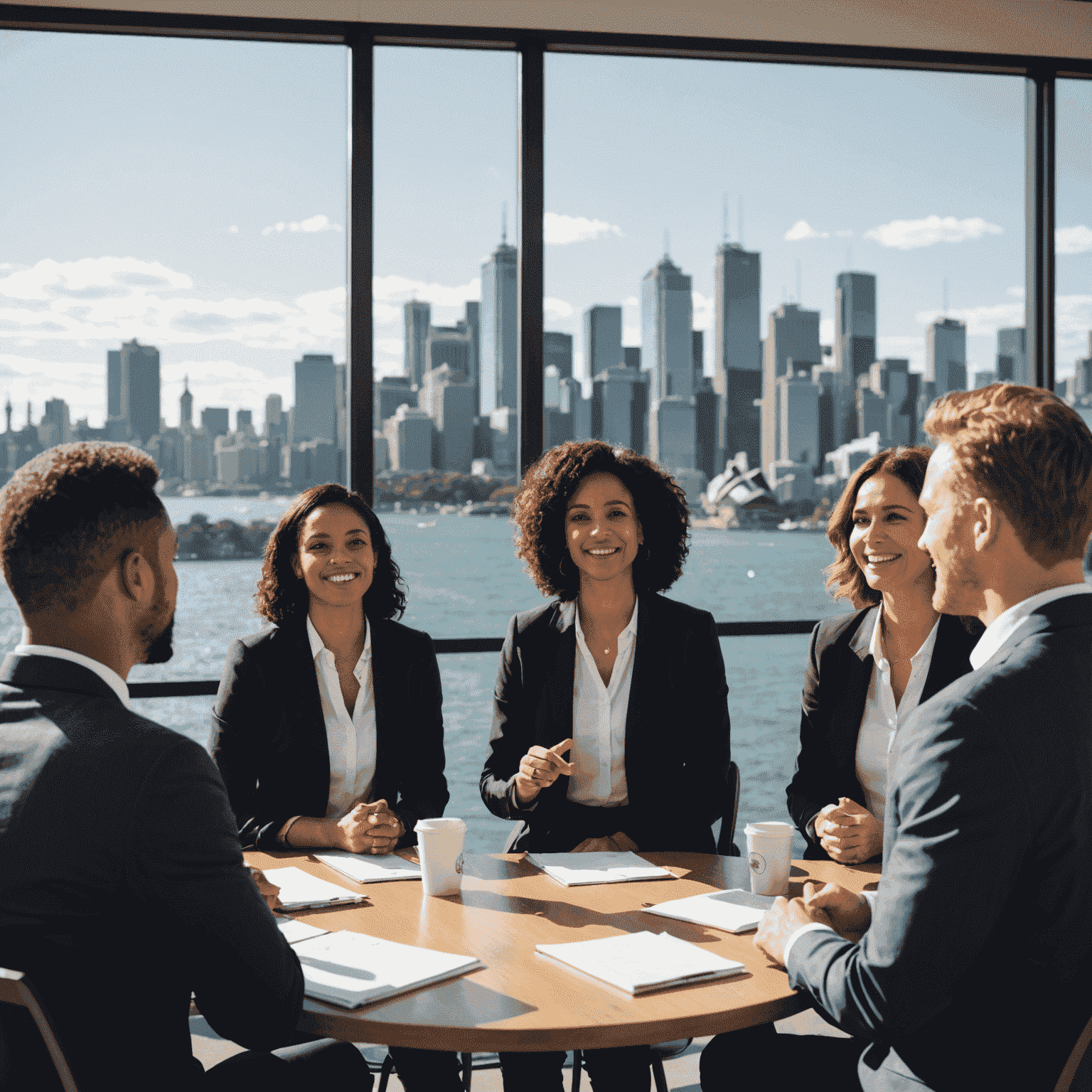 A diverse group of people engaged in a dynamic speaking workshop, with a backdrop of Sydney's iconic skyline