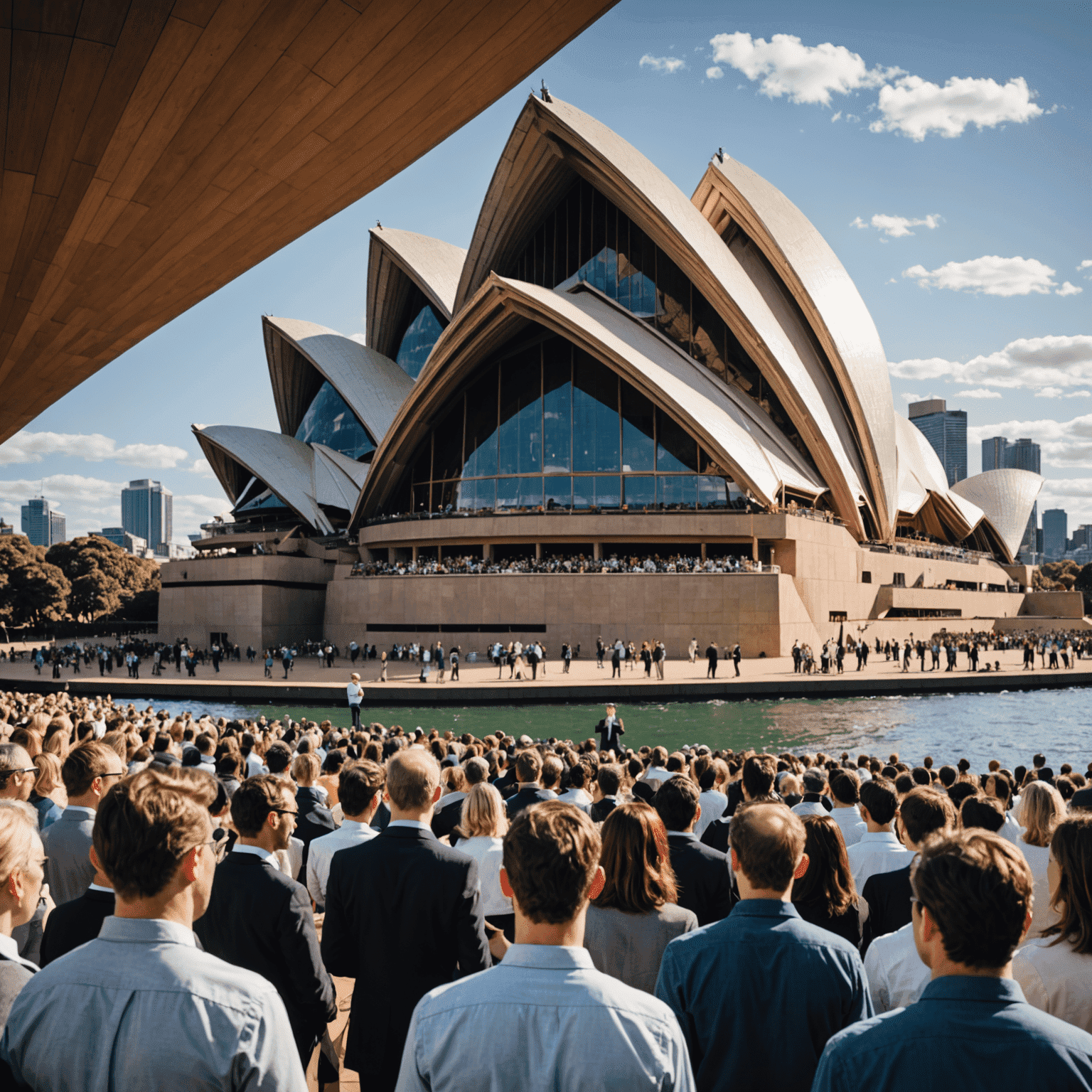 A diverse group of people practicing public speaking techniques with the Sydney Opera House in the background, representing mastering public speaking from an Australian perspective