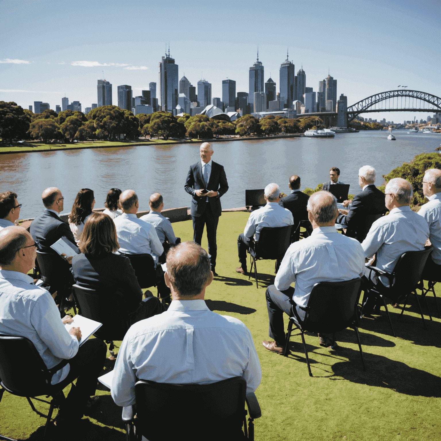 A diverse group of Australians giving presentations in various settings - from corporate boardrooms to outdoor venues, showcasing unique Australian public speaking styles