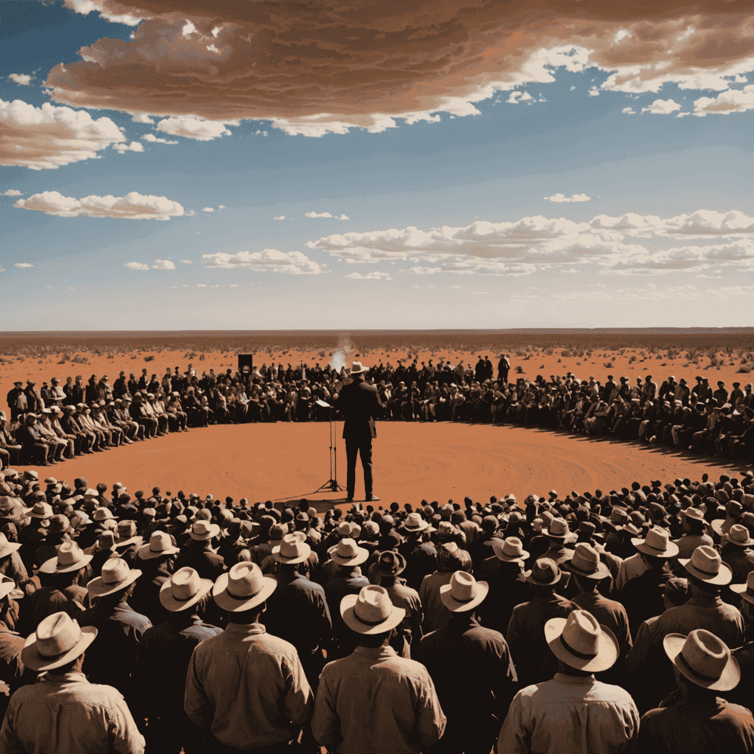 A speaker addressing a large crowd in the Australian Outback, with red earth and vast sky in the background