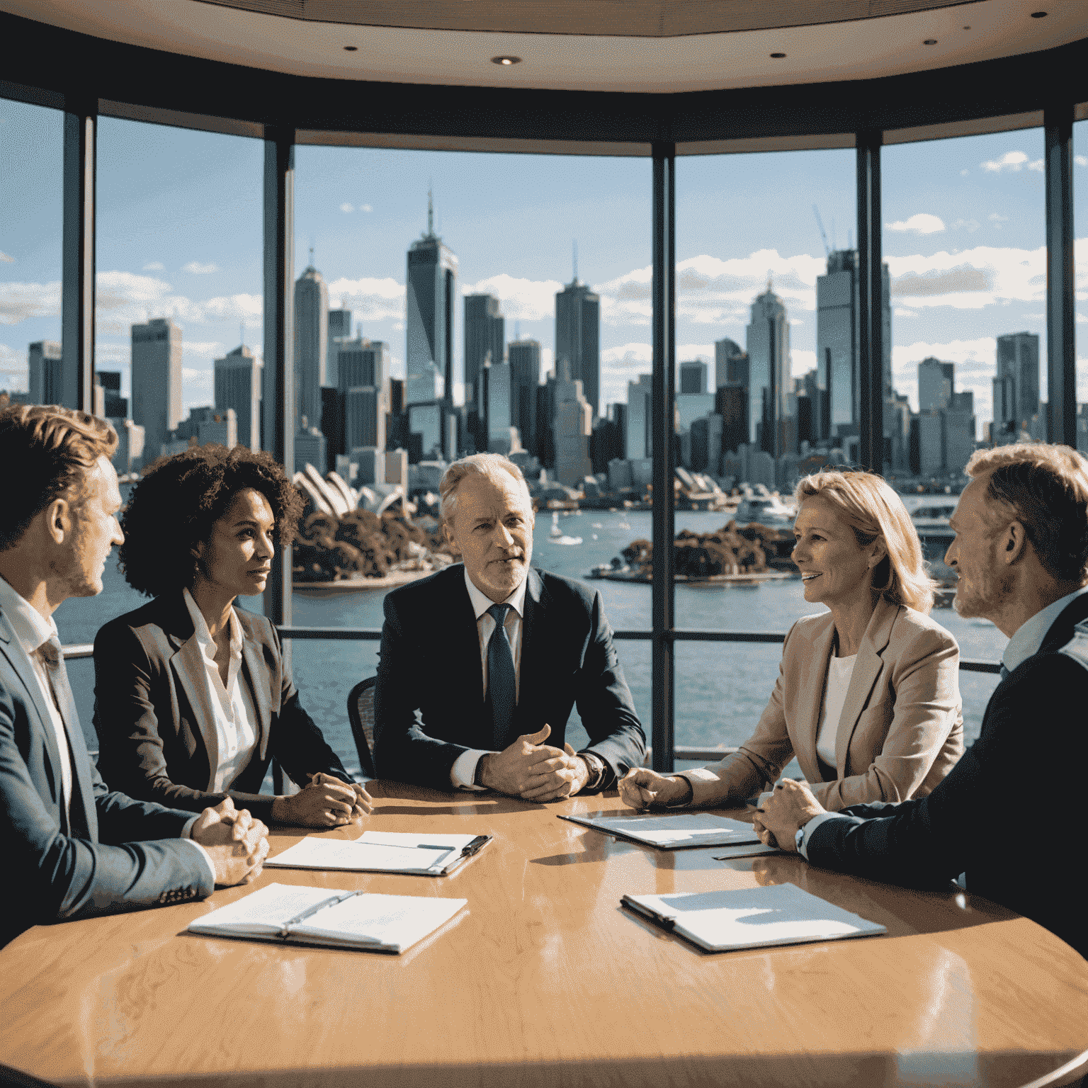 A diverse group of Australian business leaders gathered around a boardroom table, gesturing animatedly as they share stories. The Sydney skyline is visible through large windows behind them.