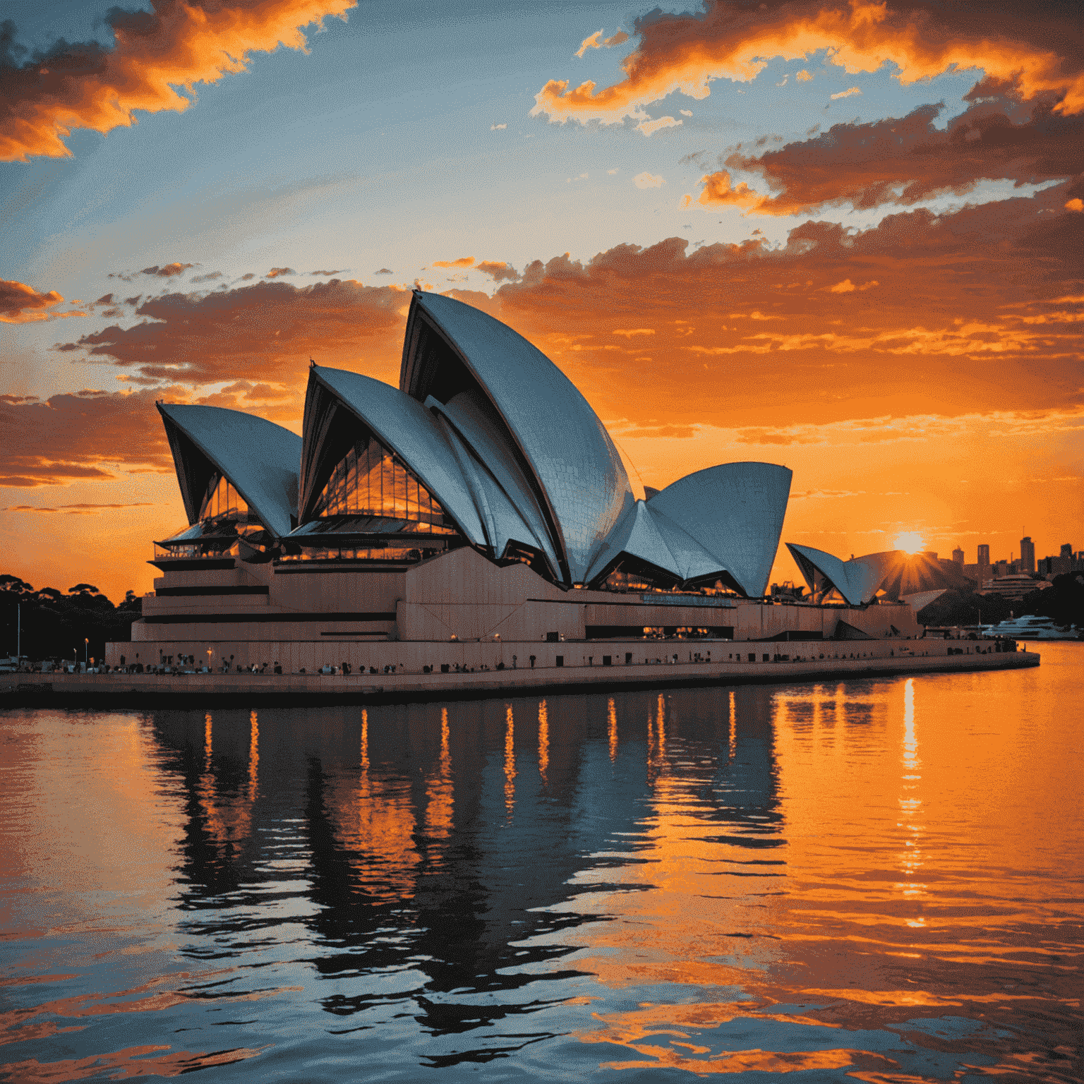 The iconic Sydney Opera House at sunset, with its distinctive sail-like structure illuminated against a vibrant orange sky, symbolizing the grandeur and challenge of performing on such a prestigious stage.