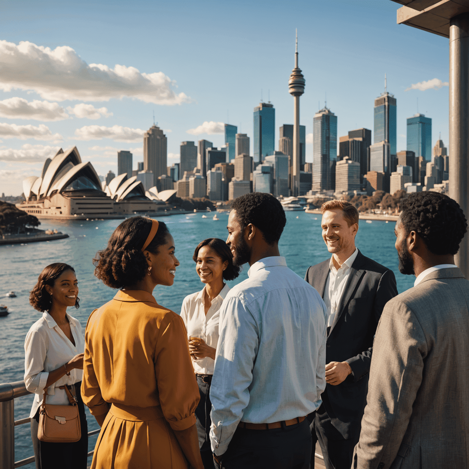 Diverse group of people representing various cultures in Australia, engaged in animated conversation against a backdrop of Sydney's iconic skyline