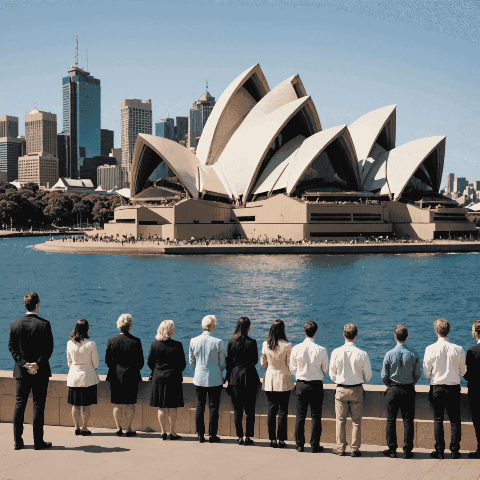 A diverse group of people practicing public speaking techniques with Sydney Opera House in the background, representing Australian perspectives on presentation skills.