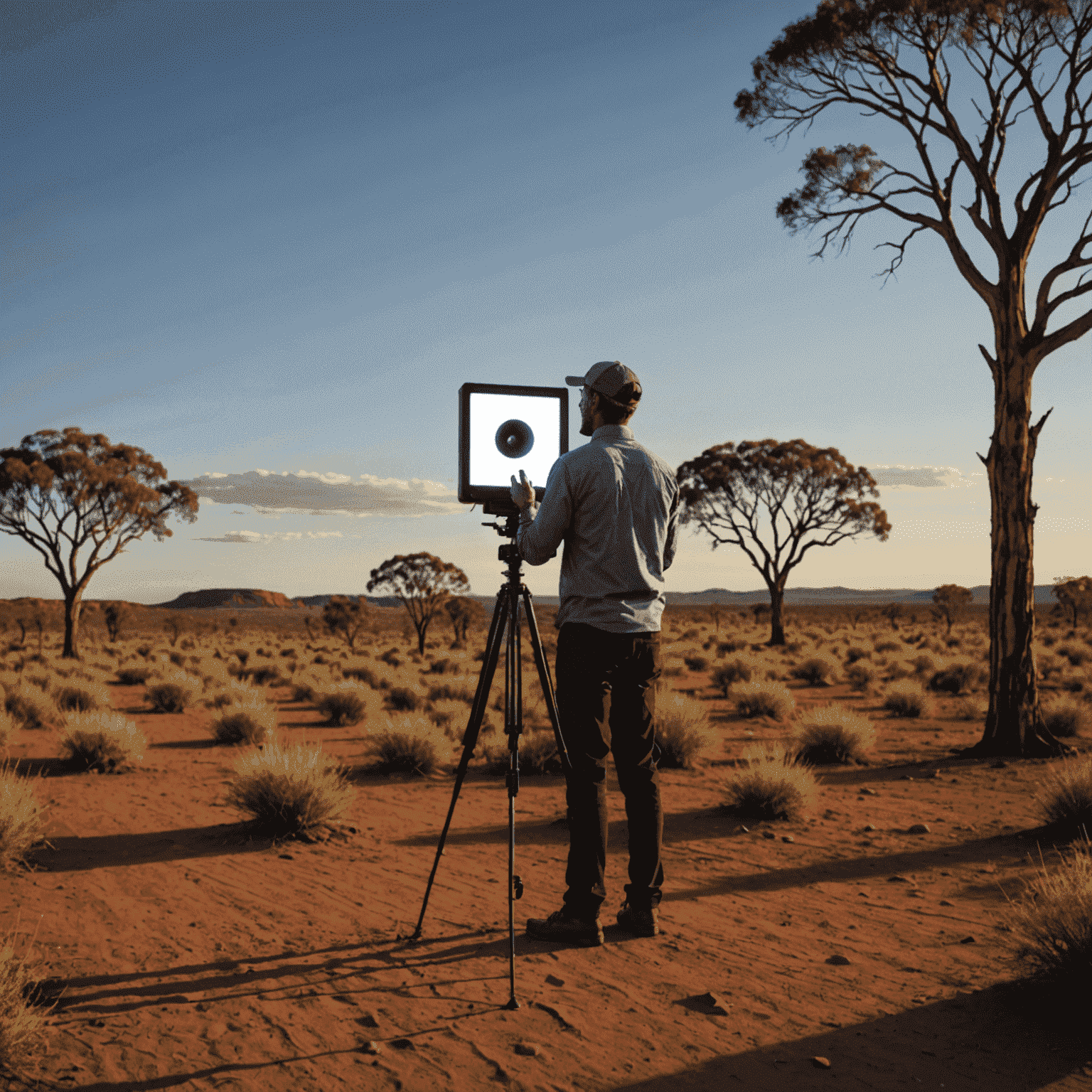 A speaker projecting their voice in the vast Australian Outback, demonstrating voice projection techniques for outdoor speeches