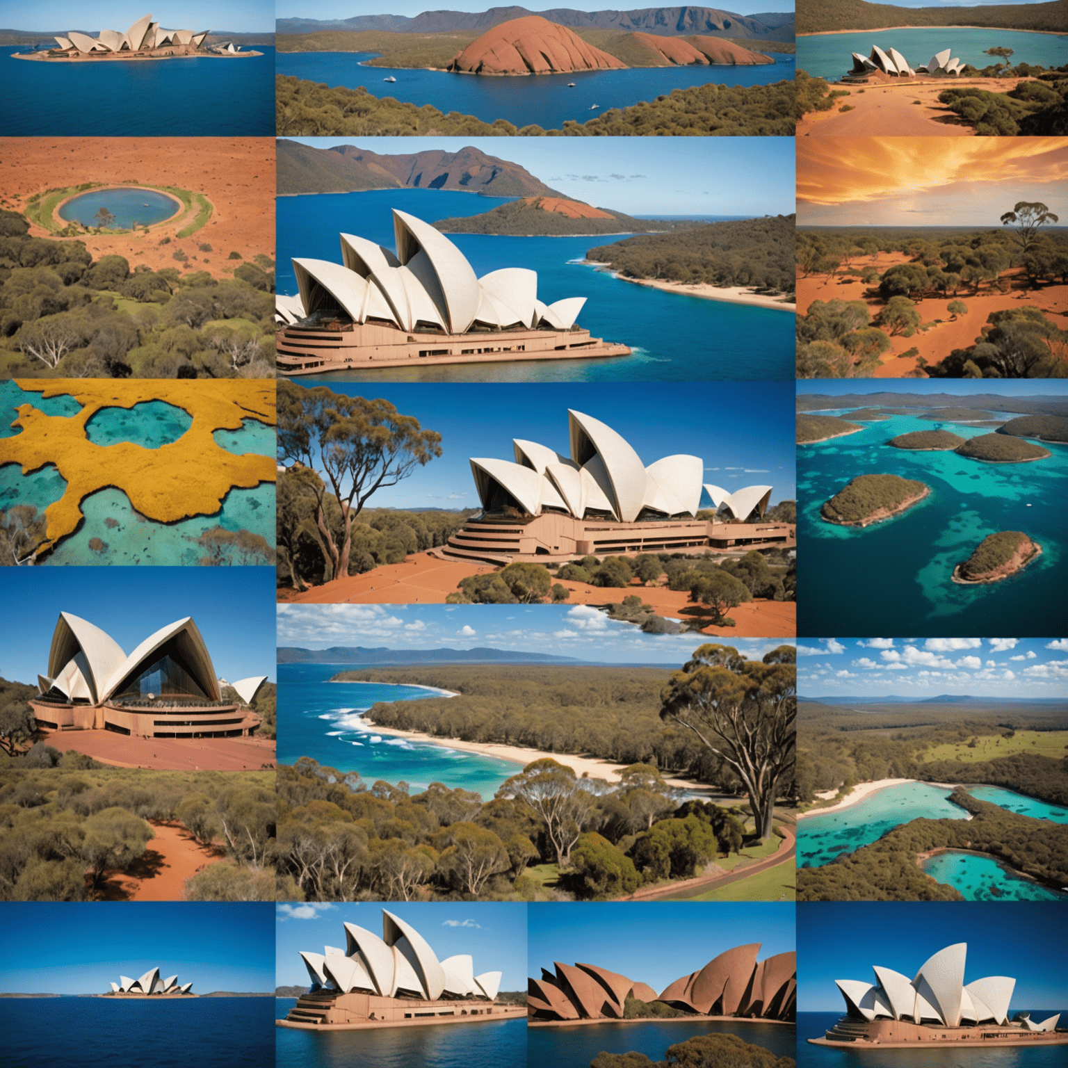 A collage of Australian landscapes used as metaphors in presentations - the Sydney Opera House for creativity, Uluru for stability, and the Great Barrier Reef for diversity