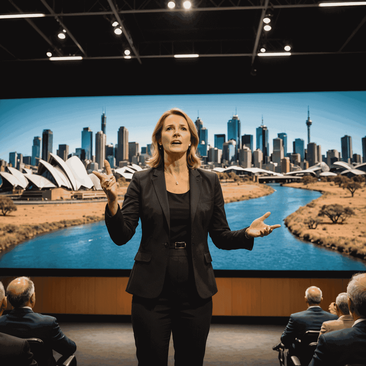 An Australian business leader giving a presentation on stage, using vivid hand gestures. Behind her, a large screen displays images of the Australian outback and modern cityscapes, symbolizing the journey from rural roots to business success.
