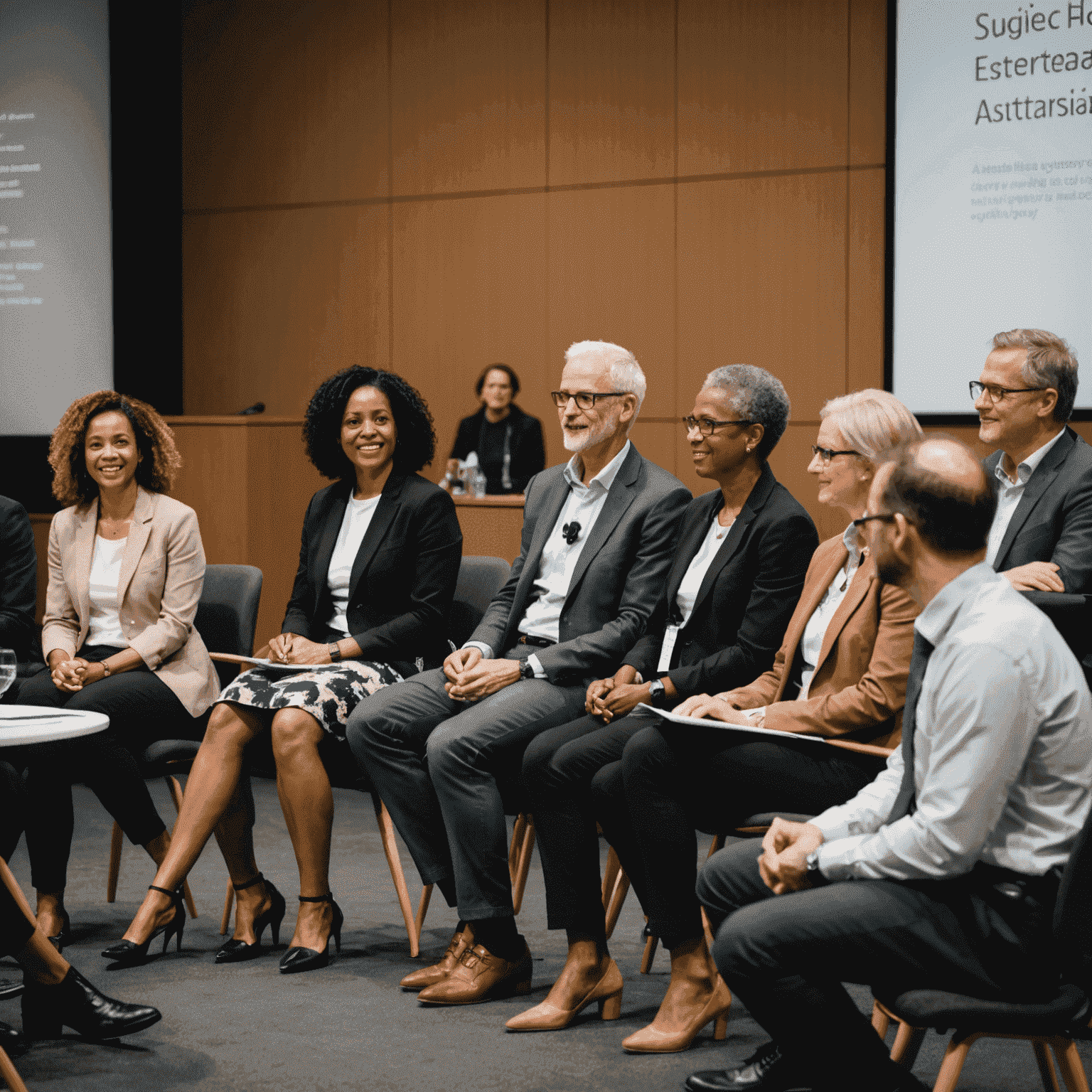A diverse panel of speakers engaging in a lively discussion at an Australian conference, with audience members from various cultural backgrounds actively participating