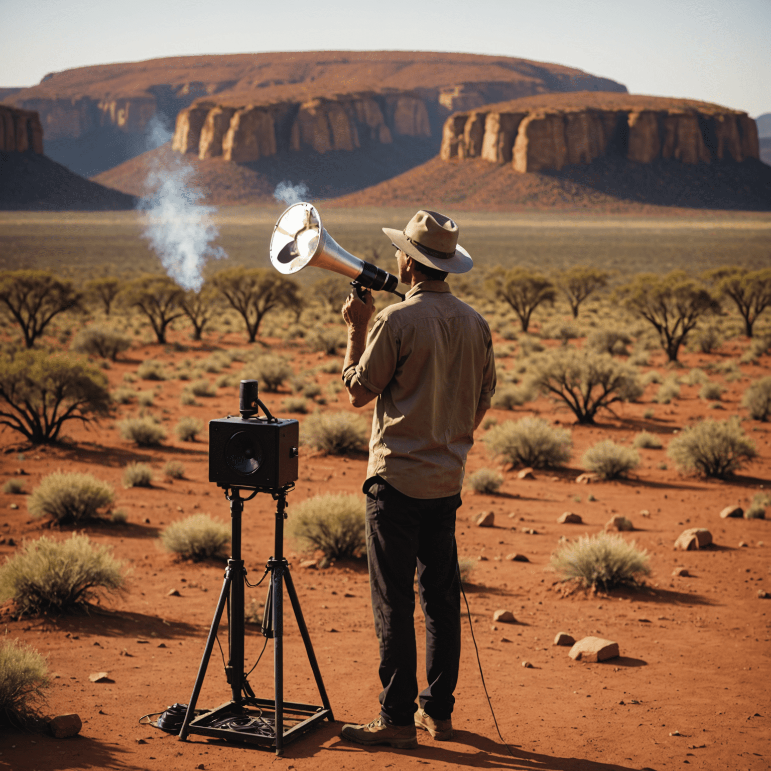 A speaker projecting their voice in the Australian Outback, demonstrating outdoor speaking techniques with red earth and vast landscape in the background.