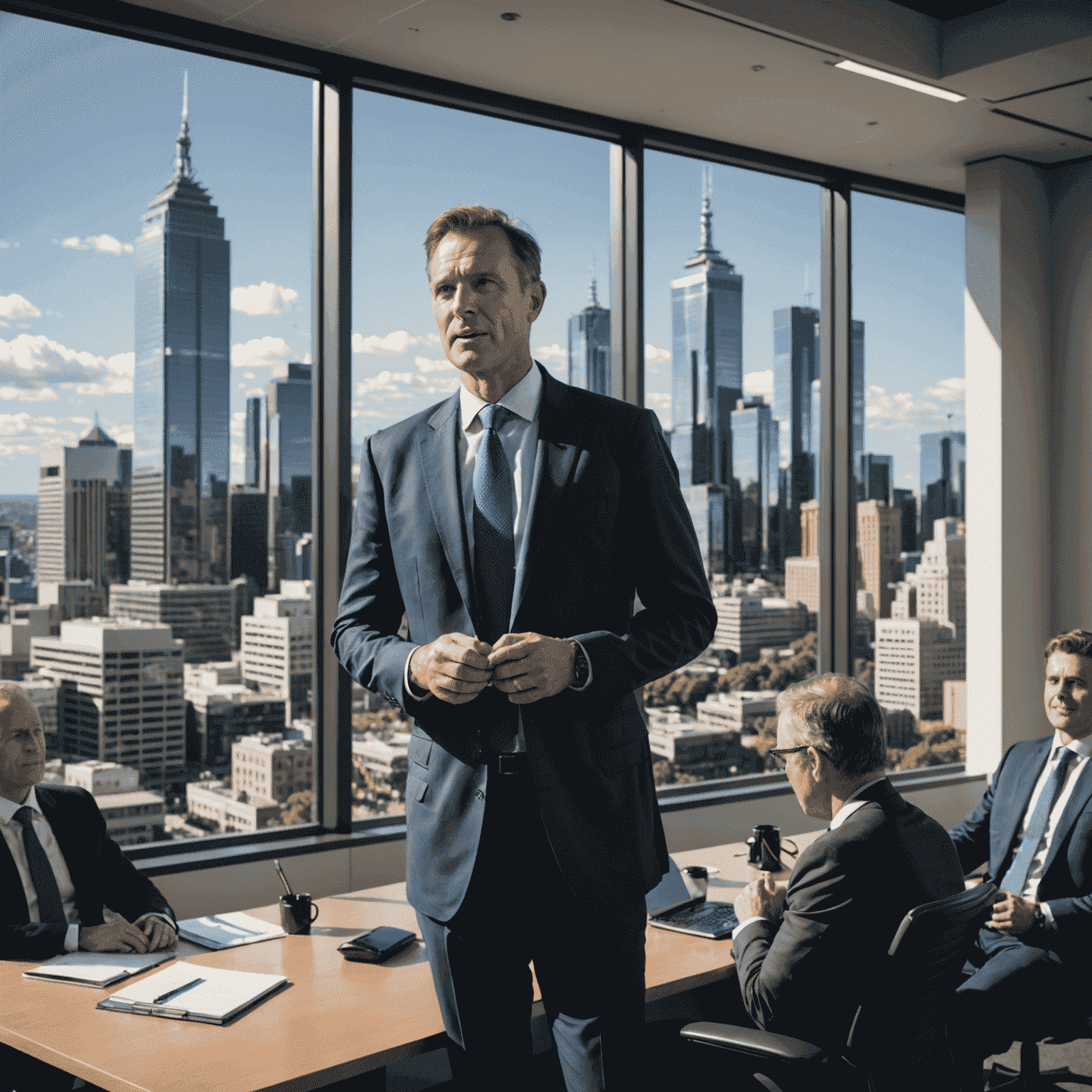 An Australian business leader engaging an audience through storytelling, with iconic Melbourne skyscrapers visible through office windows