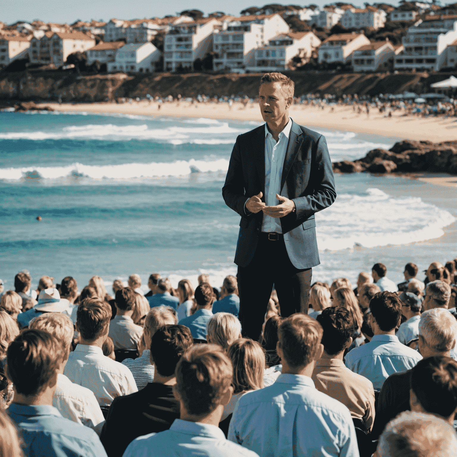 A speaker pausing dramatically during a speech at Bondi Beach, with attentive audience members in the foreground