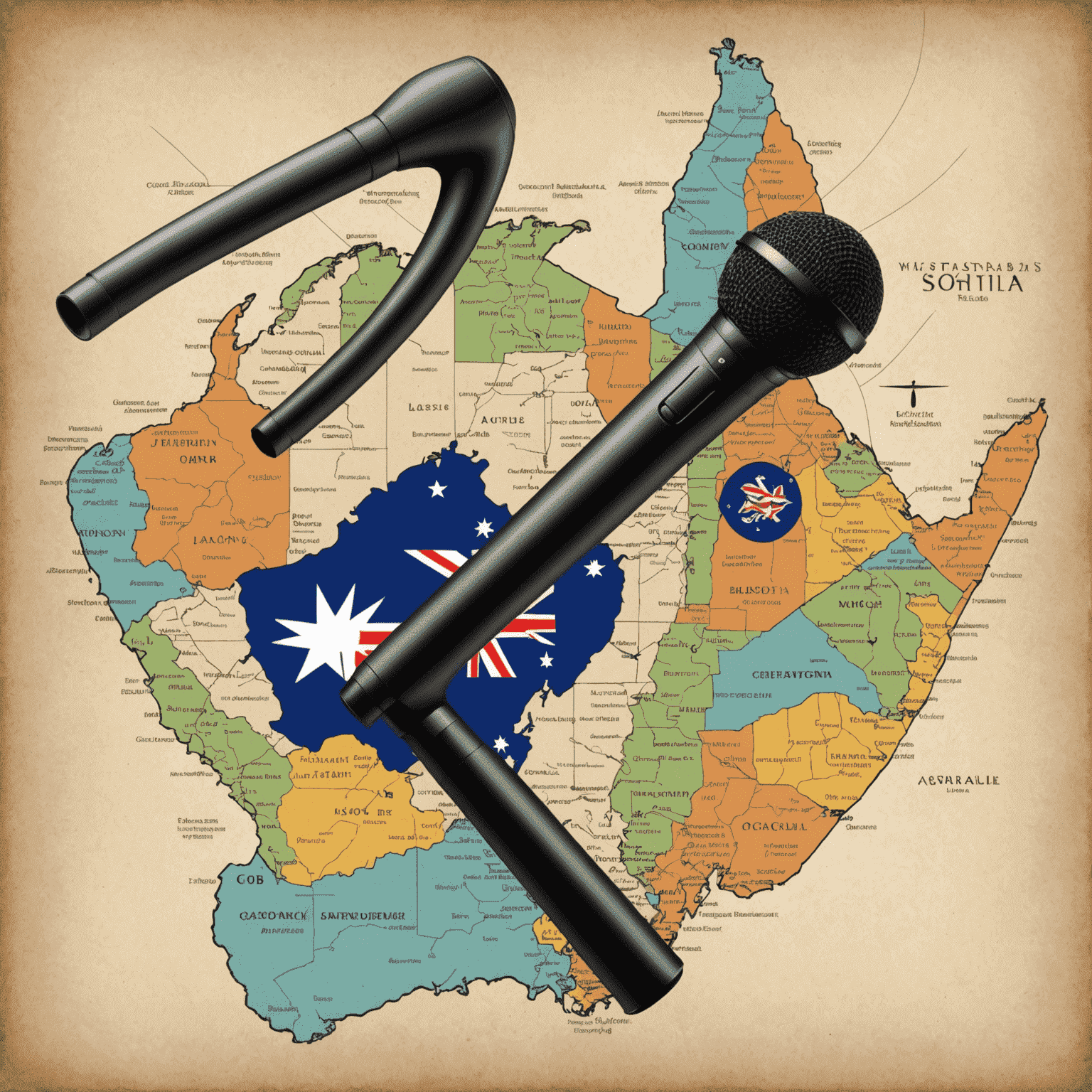 A collage of Australian business icons: a boomerang, a map of Australia, and a microphone, symbolizing the fusion of traditional storytelling and modern business communication.