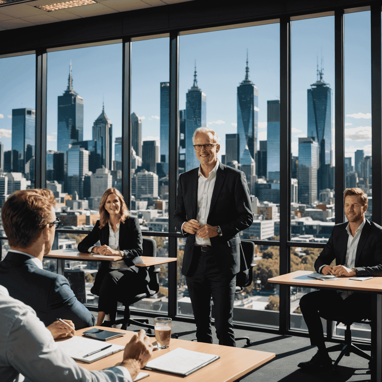 An Australian business leader engaging an audience through storytelling, with iconic Melbourne skyline visible through office windows.