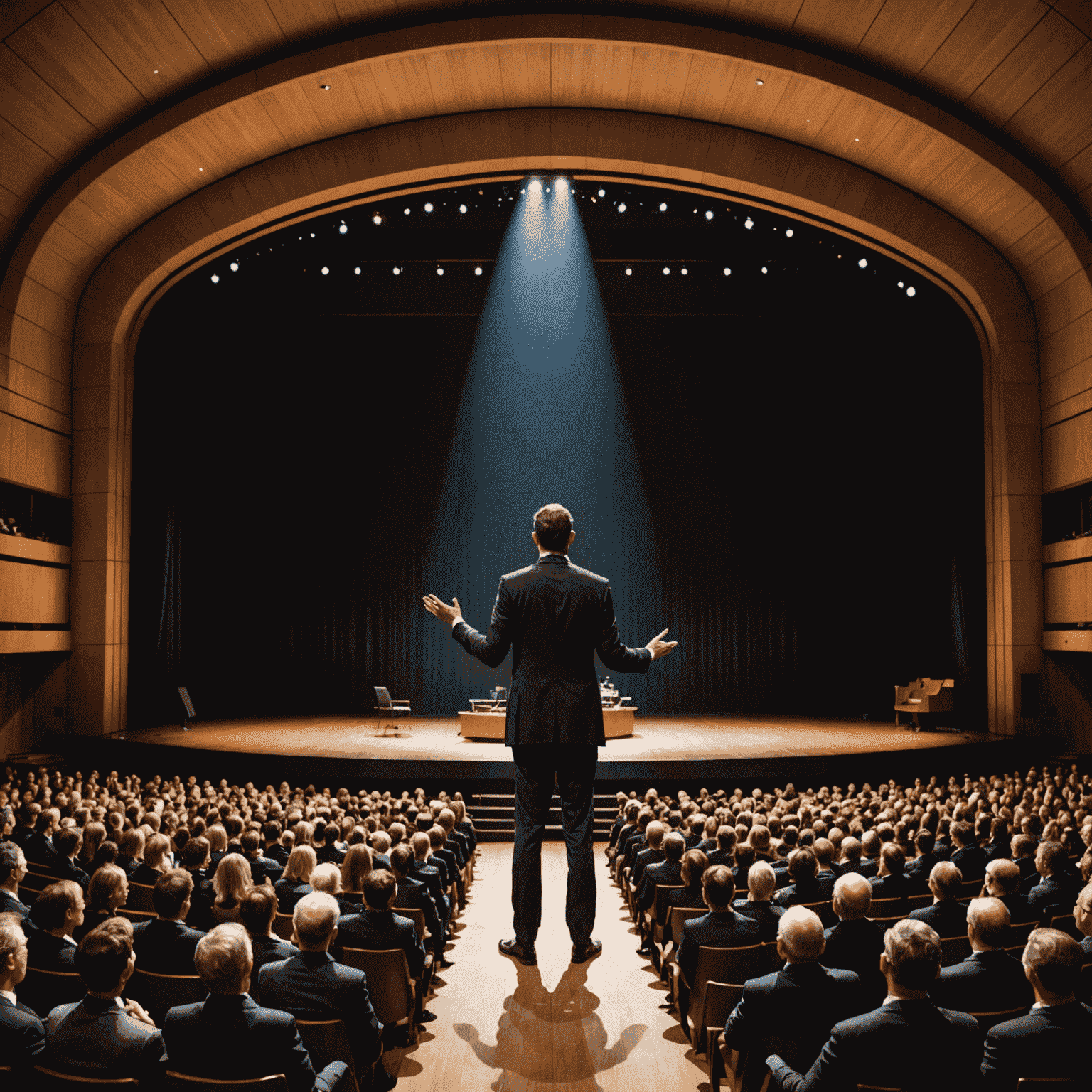 A confident speaker on stage at the Sydney Opera House, illustrating overcoming stage fright in an iconic Australian venue